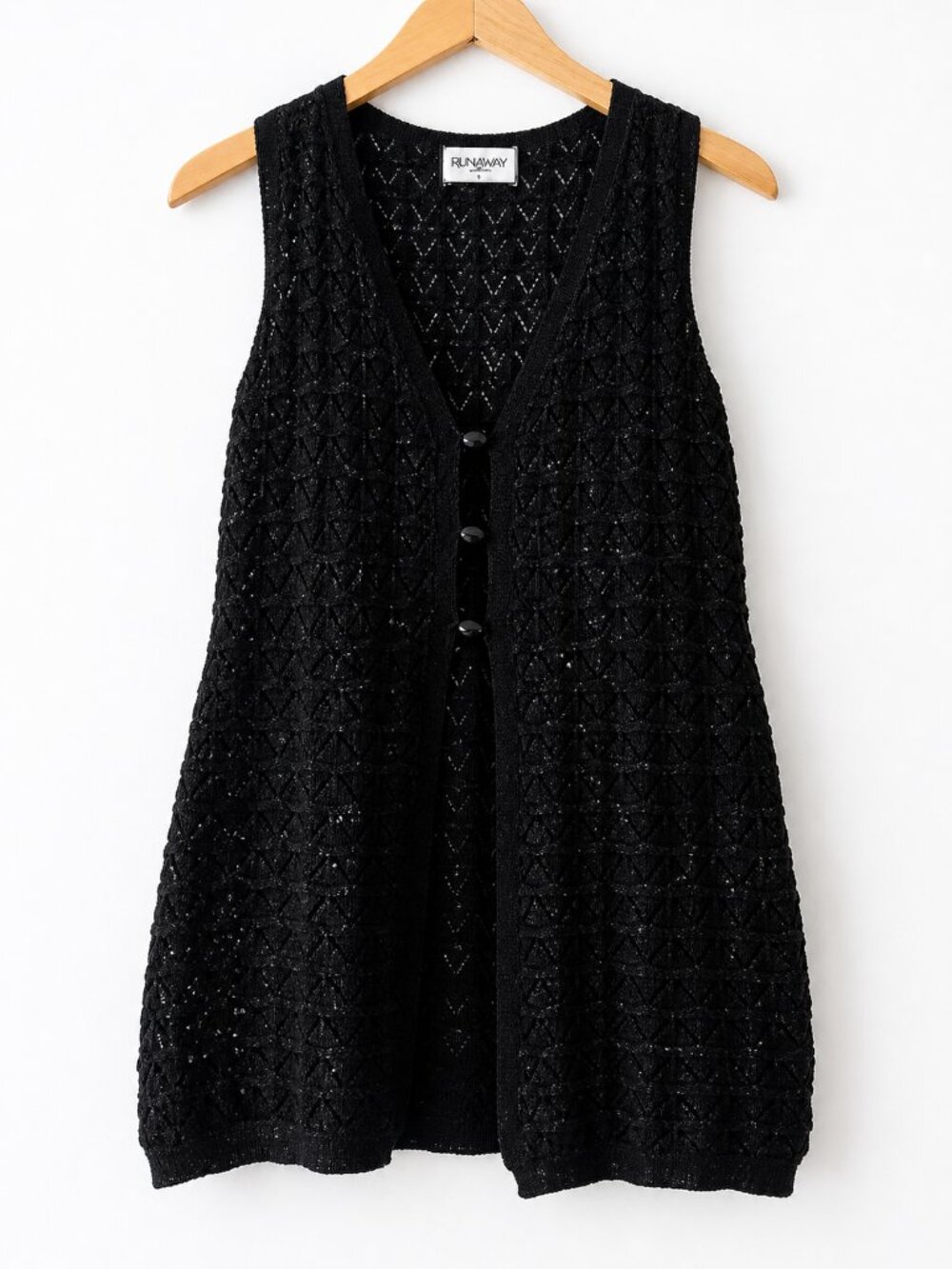 Runaway The Label Fiore Black Embellished Pointelle Sweater Vest Metallic Knit S